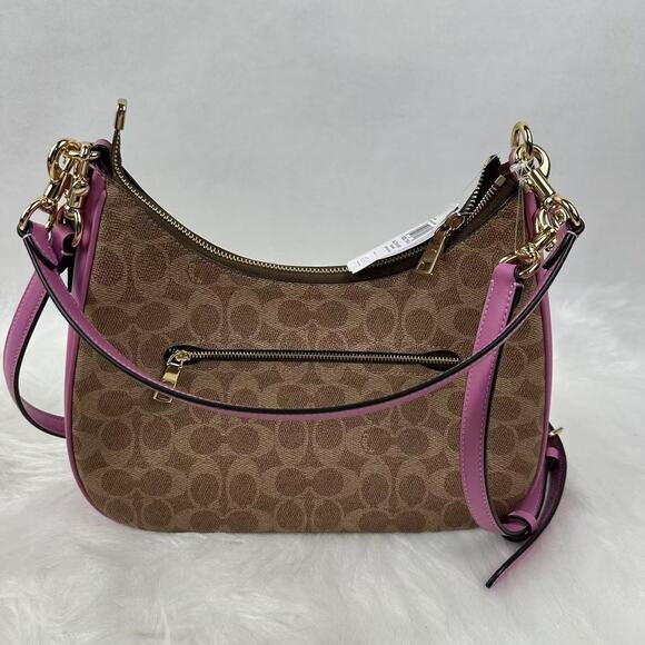 Coach Teri Hobo Bag In Signature Canvas Crossbody In Gold/Tan/Fuschia CV940 NWT - Picture 4 of 11